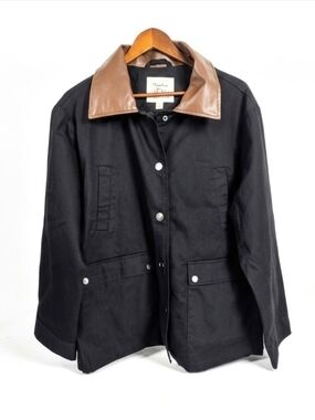 NWT Maralyn & Me Black Barn Coat w Brown Faux Leather Collar-Snap Close Size L